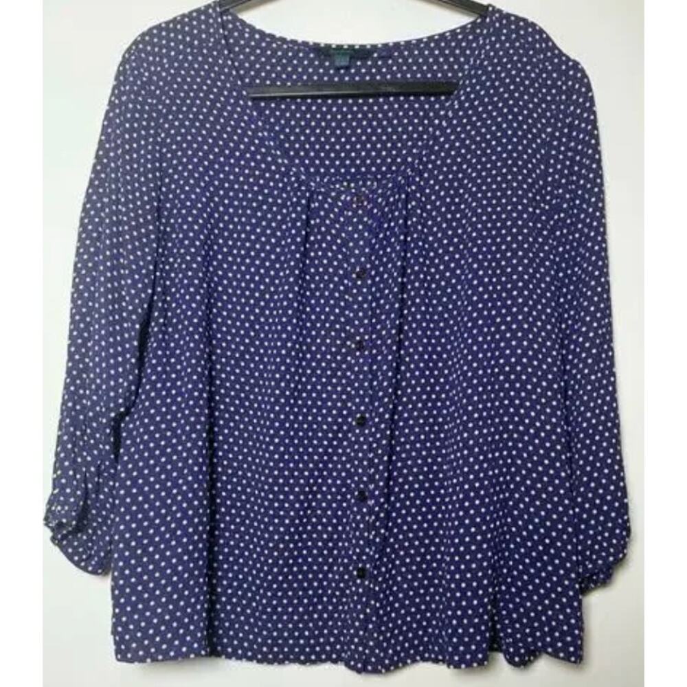 Boden Navy Blue Pink Polka Dots Viscose 3/4 Sleeve Blouse Size 18 runs small